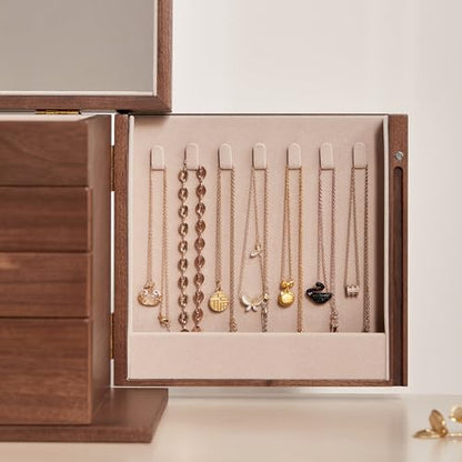 CHOSIN Black Walnut Wooden Jewelry Box for Women with Lock, Mirror, 4 Layer | Lockable wity Key, 3 Drawers, 2 Side Doors, Large Capacity for Necklaces, Earrings, Rings, Watches, Brooches, Women Gifts - size: 4 Layer - Full Lock