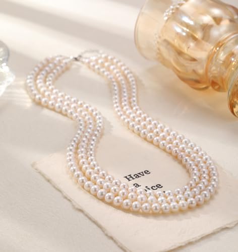 Freshwater Pearl Choker Necklace; Triple-Layer Pearl Necklaces for Women | 6-7mm Real Pearl Necklace; Sterling Silver Necklace; Classic Pearl Necklace