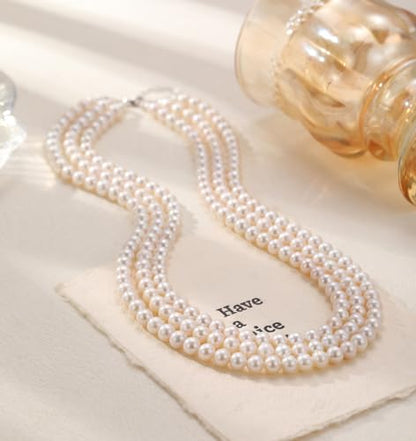 Freshwater Pearl Choker Necklace; Triple-Layer Pearl Necklaces for Women | 6-7mm Real Pearl Necklace; Sterling Silver Necklace; Classic Pearl Necklace