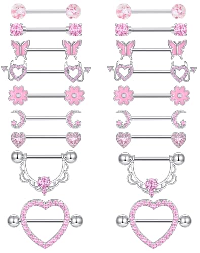 9 Pairs Nipple Rings Stainless Steel Heart Butterfly Moon Flower CZ Barbell Tongue Rings Set Cute Nipplerings Piercing Jewelry for Women Pink Silver Tone - color: A: Pink Tone