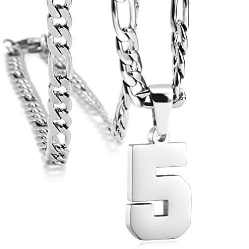 Personalized Number Necklaces for Mens,Stainless Steel Number Pendant Chain | Athletes Jersey Number Necklace;Baseball Basketball Football Sport Teams;Birthday Graduate Gift;Womens Mens Player - color: Silver, style: 5 Silver