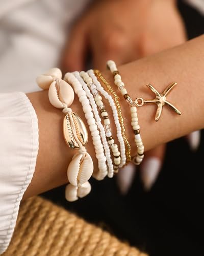 Shell Bracelets for Women Layered Seashell Starfish Bracelets Stackable Stretch Boho Beaded Bracelet Summer Beach Surfer Bracelet Seaside Beach Dress Outfits Accessories - color: A2:shell bracelets