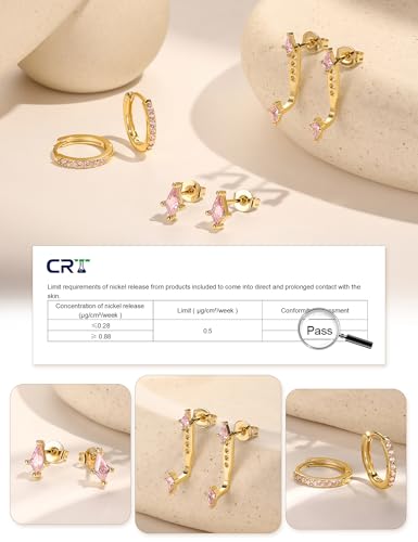 3 Pairs Stackable Kite Stud Earrings Set for Women Trendy | Dainty Birthstone Stud Gold & 925 Sterling Silver Huggie Hoop Jacket Stack Earrings for Women 2026 - color: Gold-Pink Tourmaline