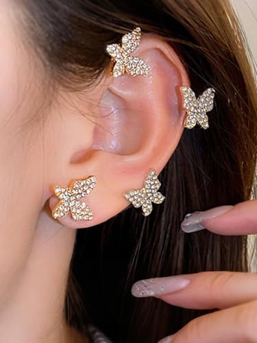 2Pcs Rhinestone Butterfly Earrings Ear Cuffs Non-Pierced Fake Earrings Butterfly Climber Wrap Around Earring Dainty Adjustable Ear Clip Jewelry for Women - color: StyleA-2 Pairs-Gold
