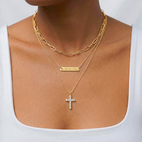 Layered Cross Necklaces for Women Trendy, 3 Pcs 14K Gold Plated, Stackable Women's Gold Pendant Necklaces Jewelry Set - color: Gold
