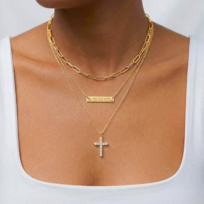 Layered Cross Necklaces for Women Trendy, 3 Pcs 14K Gold Plated, Stackable Women's Gold Pendant Necklaces Jewelry Set - color: Gold