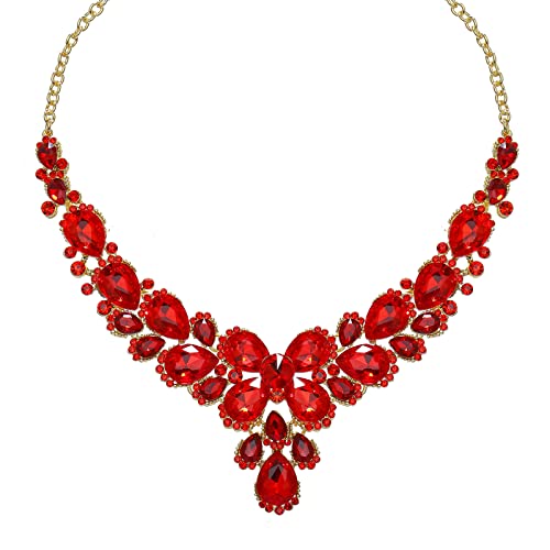Women's Wedding Bridal Austrian Crystal Glass Teardrop Statement Necklace Dangle Earrings Bracelet Ring Wedding Party Jewelry Set for Bridal Bridesmaid - color: Red-Gold Plated