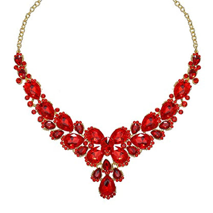 Women's Wedding Bridal Austrian Crystal Glass Teardrop Statement Necklace Dangle Earrings Bracelet Ring Wedding Party Jewelry Set for Bridal Bridesmaid - color: Red-Gold Plated