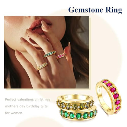 Amethyst Emerald Ruby Sapphire Wedding Band Anniversary Women Rings | 925 Sterling Silve|Hypoallergenic|Standard Size|Ruby|Sapphire|Emerald|Wedding Anniversary Jewelry|Genstone Ring|Holiday Gifts - color: Peridot & Gold