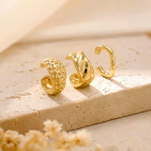 14K Gold Plated Layered Chunky Ear Cuff for Women Thick Ear Clips | Ear Cuff Earrings for Women,Hammered Texture design，Lightweight Hypoallergenic Ear Clips，trendy Jewelry for Daily Party Prom - color: gold 6