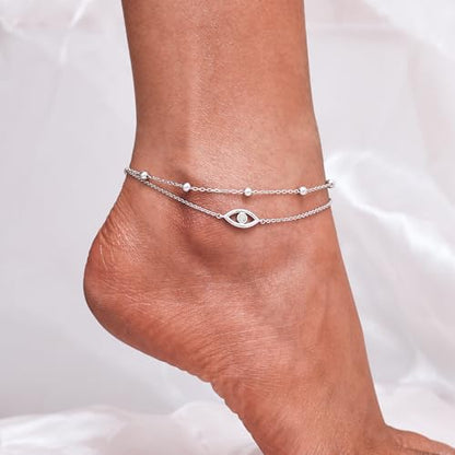 CHIC & ARTSY 925 Sterling Silver Ankle Bracelets for Women, Adjustable Layered Foot Chains with Nature & Symbol Charms, Lightweight Comfort Fit Boho Beach Everyday Jewelry - color: Evil Eye/silver
