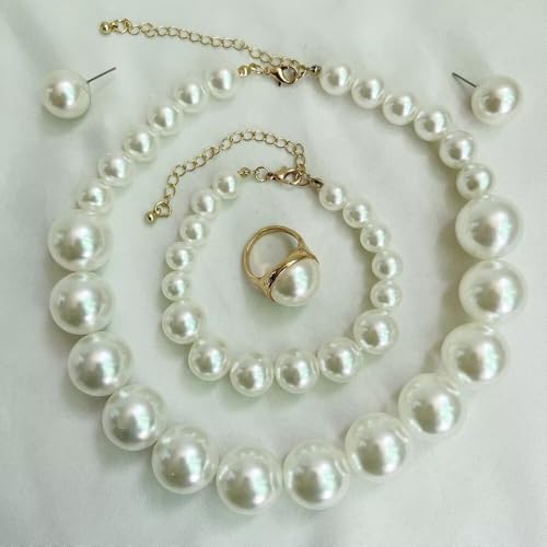 Chunky Beaded Jewelry Set, Necklace Earrings Bracelet Ring for Women Party | Simulated pearl jewelry set, necklace earrings bracelet & ring. Elegant chunky beaded, ideal gift for wedding and daily wear. - color: White