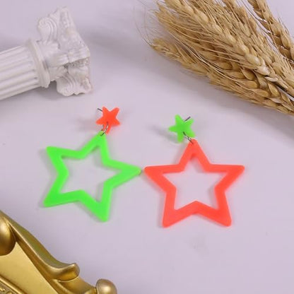 Colorful 80s 90s Neon Star Earrings for Women Retro Glow Party Costume 80s 90s Acrylic Dangle Earrings Outfit - style: Exchange Orange and Green