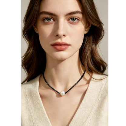 Single Pearl Choker Pendant Necklaces for Women, Natural Gemstone Womens Black Stone Beaded Choker Necklace, Dainty Round Freshwater Pearl Handmade Jewelry Gift Women Birthday Bridesmaids Anniversary 16 18 inch - color: 01-black/white, size: 16"