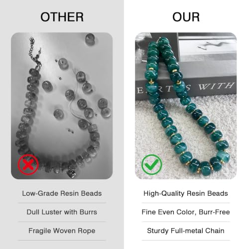 Colorful Chunky Resin Beaded Choker Necklaces for Women | Multicolor Beads, Sturdy Metal Chain, Adjustable, Detachable, Lightweight, Summer Beach Boho, Trendy Statement Jewelry Gift - color: Dark Green