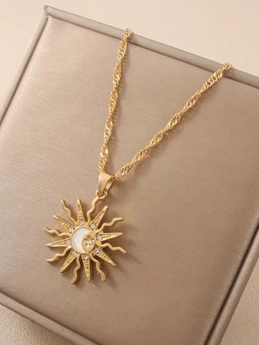 Gold Sun Pendant Necklace with Rhinestone Accent, Elegant and Fashionable, Perfect for Daily Wear & Special Occasions - color: Gold/Water Wave Chain