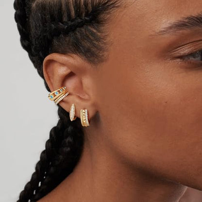 Ear Cuff Earrings for Women 14K Gold Plated Created Turquoise Cubic Zirconia Sparkling Boho Hollow Huggie Ear Cuffs Non Piercing | Clip On Cartilage | Single - color: Turquoise Trio