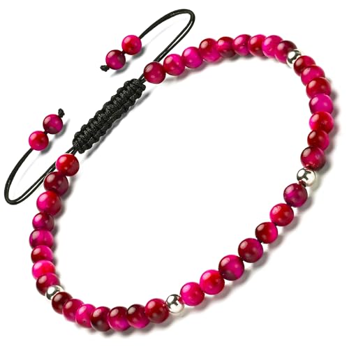 Natural Stone&925 Sterling Silver/18K Gold Anklet,│4MM│9-12 in│, Hand Woven, Adjustable Size - color: 925 Sterling Silver&Rose Tiger's Eye,4MM