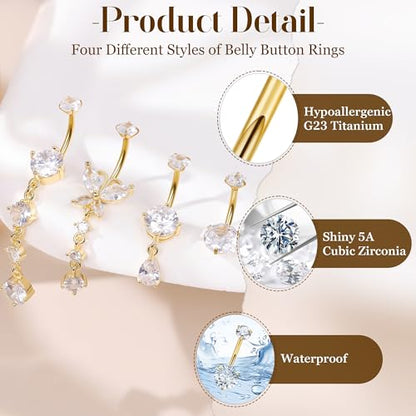 14G G23 Titanium Dangle Belly Button Ring for Women Dangling Belly Rings CZ Butterfly Teardrop Navel Rings Internally Threaded Curved Barbell Navel Piercing Jewelry - color: Gold-1