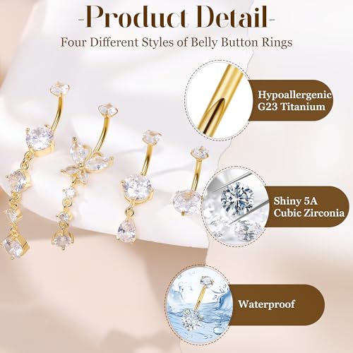 14G G23 Titanium Dangle Belly Button Ring for Women Dangling Belly Rings CZ Butterfly Teardrop Navel Rings Internally Threaded Curved Barbell Navel Piercing Jewelry - color: Gold-2