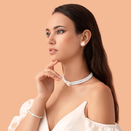 Glenmal Pearl Rhinestone Jewelry Set for Women Pearl Necklace Bracelet Earrings for Wedding Halloween Bridal Shower Tea Party - style: Trendy Style
