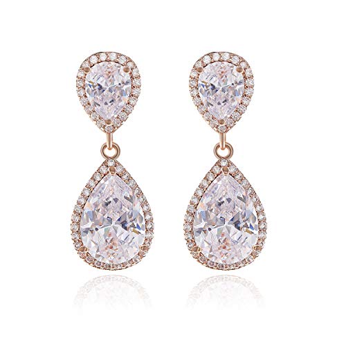 Teardrop Dangle Earrings for Wedding - Sparkly Sterling Silver Cubic Zirconia Crystal Rhinestone Drop Earrings Pierced Austrian Style Hypoallergenic Earrings Womens Bridal Jewelry - style: teardrop wedding earring(RG)