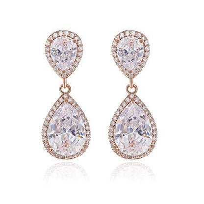 Teardrop Dangle Earrings for Wedding - Sparkly Sterling Silver Cubic Zirconia Crystal Rhinestone Drop Earrings Pierced Austrian Style Hypoallergenic Earrings Womens Bridal Jewelry - style: teardrop wedding earring(RG)