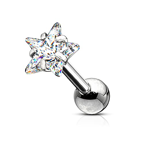 Pierced Owl - 16GA Prong Set Shining Star 316L Surgical Stainless Steel Labret Monroe Lip Cartilage Helix Tragus Conch Ear Lobe Barbell Stud - style: Clear