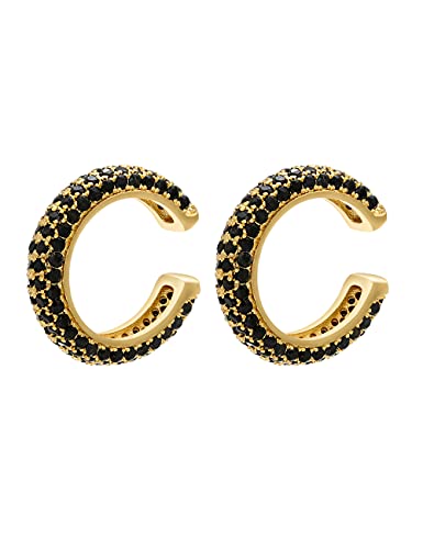 Ear Cuffs for Women - CZ Paved Hoop Conch Cuff Earrings for Men - Sparkle Rhinestones Clip On Wrap Earrings Non Pierced - color: Gold-black stones