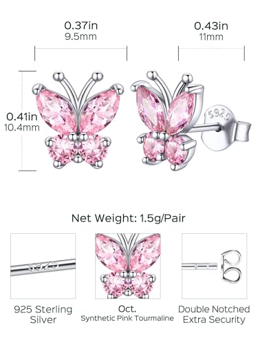 ChicSilver 925 Sterling Silver Bow/Butterfly Earrings for Women Hypoallergenic Birthstone Earrings Dainty Bow/Butterfly Jewelry Gift for Women - color: Butterfly-October-Tourmaline