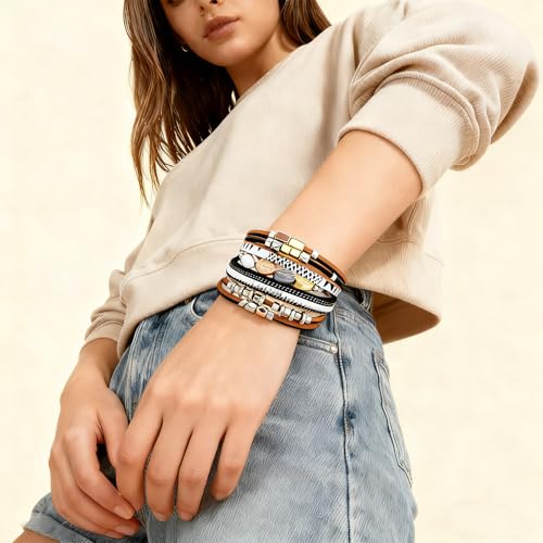Leather Wrap Bracelets for Women, Boho Leopard Multi-Layer Crystal Beads Cuff Jewelry - color: J-Warp-026