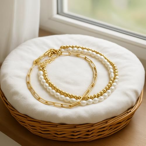 14K Gold Plated Beaded 3Pcs Stack Bracelets for Women, Dainty Trendy Freshwater Stackable Pearl Paperclip Cross Chain Gold Balls Stretch Accessories Jewelry Vacation Gift - color: paperclip