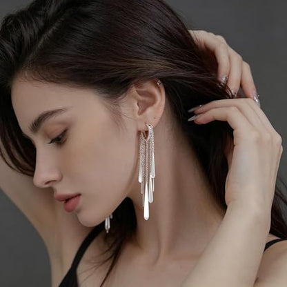 Silver Long Tassel Dangle Earrings for Women, Statement Silver Drop Hoop Earrings, Shiny Silver Dangle Earrings for Daily Wear, Parties & Special Occasions