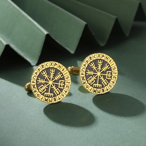 Mens Cufflinks, Norse Viking Tuxedo Cuff Links, Stainless Steel Viking Compass Vegvisir Rune Shirt Studs Mythology Jewelry Gift for Business Wedding - color: Compass-G