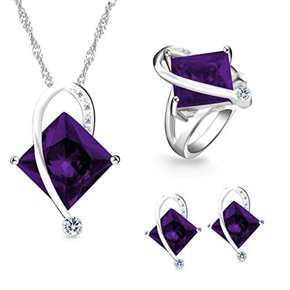Uloveido Charm Created Topaz Big Square Crystal Necklace Matching Stud Earrings Rings Jewelry Set T295 - color: Purple
