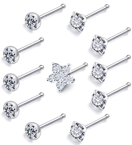 Prjndjw 20G Big Nose Stud Large Nose Studs Surgical Stainless Steel Straight Nose Studs 4mm CZ Paved CZ Nose Rings with 6-CZ Flower Ring for Women Men 11 Pieces - color: 4mm CZ Big 18G Silver Straight Nose Stud