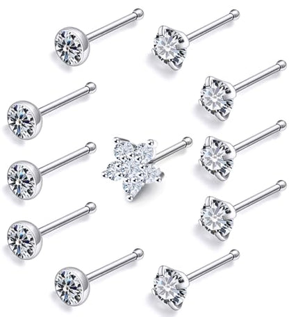 Prjndjw 20G Big Nose Stud Large Nose Studs Surgical Stainless Steel Straight Nose Studs 4mm CZ Paved CZ Nose Rings with 6-CZ Flower Ring for Women Men 11 Pieces - color: 4mm CZ Big 18G Silver Straight Nose Stud