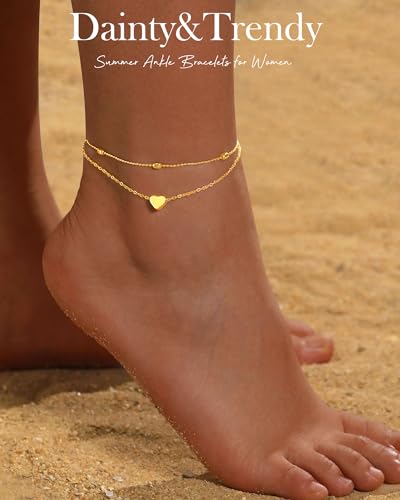 Gold Silver Ankle Bracelets for Women Waterproof 14K Gold Plated Anklets for Women Non Tarnish Dainty Layered Beaded Heart Anklet Set Summer Beach Foot Chain Jewelry Gifts Trendy Stuff - color: E- Heart Anklets- Gold