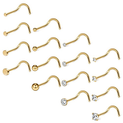 Ruifan 20G 18G Surgical Steel 1.5mm-3mm Flat Ball Clear Diamond CZ Nose Stud Rings Screw Piercing Jewelry 16-26PCS - color: 18G: 16PCS - Gold