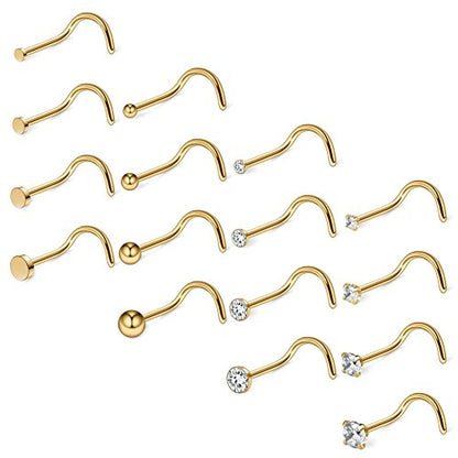 Ruifan 20G 18G Surgical Steel 1.5mm-3mm Flat Ball Clear Diamond CZ Nose Stud Rings Screw Piercing Jewelry 16-26PCS - color: 20G: 16PCS - Gold