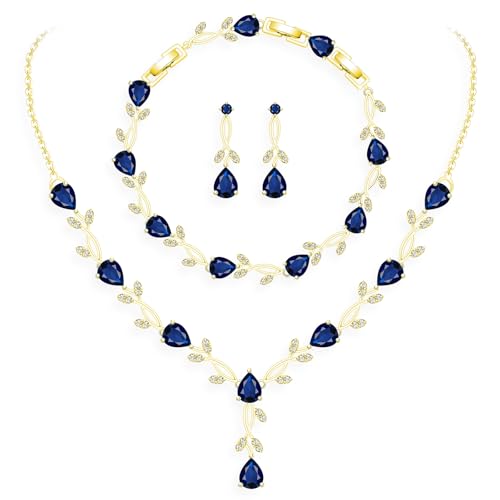 GZWHD Wedding Jewelry Sets for Bride Bridesmaid Women Cubic Zirconia Necklace Earrings Bracelet Set Gift for Mother Friend Wife Daughter Sister Party Prom Jewelry - color: Gold-Blue