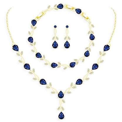 GZWHD Wedding Jewelry Sets for Bride Bridesmaid Women Cubic Zirconia Necklace Earrings Bracelet Set Gift for Mother Friend Wife Daughter Sister Party Prom Jewelry - color: Gold-Blue