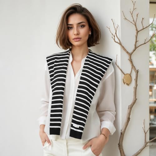 WaJuemy Women's Sweater Shawl Wraps Sleeves Knitted Collar Sweater Scarf Top Casual Lightweight Shoulder Cape Accessories - color: 16 Black White Stripe X
