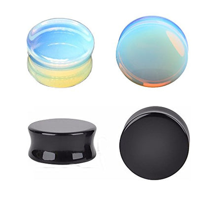 Opalite Moonstone & Black Stone Ear Plugs Double Flared Earring Gauges Expander Tunnels Body Piercing Set - style: Plug gauge=10mm(00G)