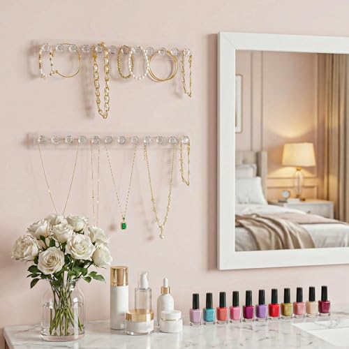6 Pcs Clear Acrylic Necklace Holder, Acrylic Necklace Organizer Wall Mounted with 12 Hooks, for Hanging Necklace, Jewelry, Bangles, Bracelets and Rings, Best Gifts for Girls and Women