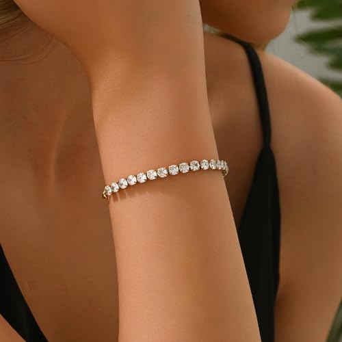 18K Gold Plated Tennis Bracelets for Women, Adjustable Cubic Zirconia Bracelet with Multi-color 4mm CZ Diamond Paperclip Chain, Dainty Trendy Birthday Bridal Jewelry Gifts for Women Daily Party Wear - color: White