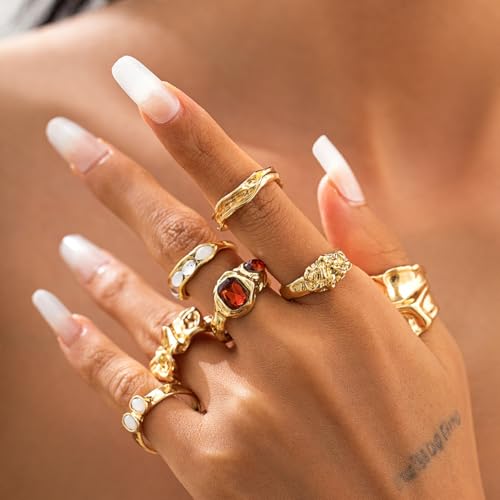 Chunky Gold Rings Set for Women Stacking Finger Knuckle Rings Silver Statement Ring Set Punk Jewelry - style: 132-7pcs