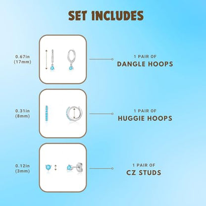 3 Pairs Mini Hoop Earrings Set Turquoise Cubic Zirconia Huggie Hoop Cartilage Earring Ear Cuff for Women (Turquoise/CZ) - color: *Turquoise-B