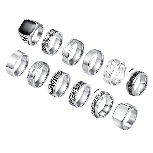 CASDAN 12Pcs Stainless Steel Vintage Signet Rings for Men | Silver Square Pinky Thumb Chunky Thin Band Ring,High Polished Men Ring ,Vintage Spinning Biker Band Rings Set 7-13