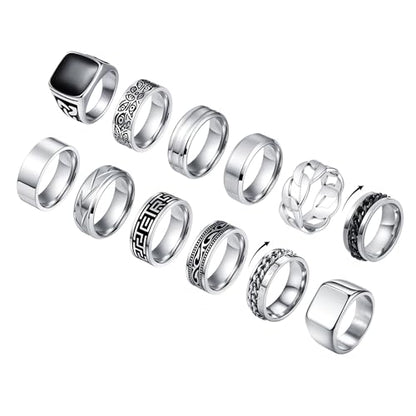 CASDAN 12Pcs Stainless Steel Vintage Signet Rings for Men | Silver Square Pinky Thumb Chunky Thin Band Ring,High Polished Men Ring ,Vintage Spinning Biker Band Rings Set 7-13